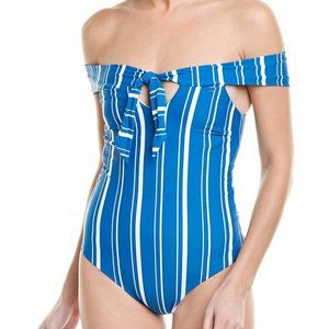 ETE Santorini Navy Stripe Off-Shoulder One-Piece Bathing Swim Suit NEW NWOT XS